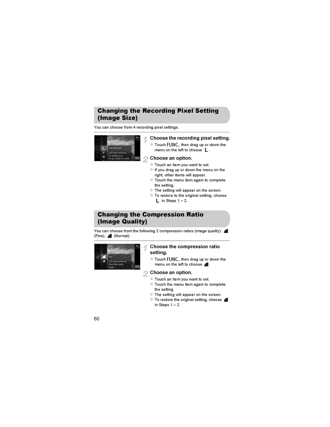 Canon 310 HS manual Changing the Recording Pixel Setting Image Size, Changing the Compression Ratio Image Quality 