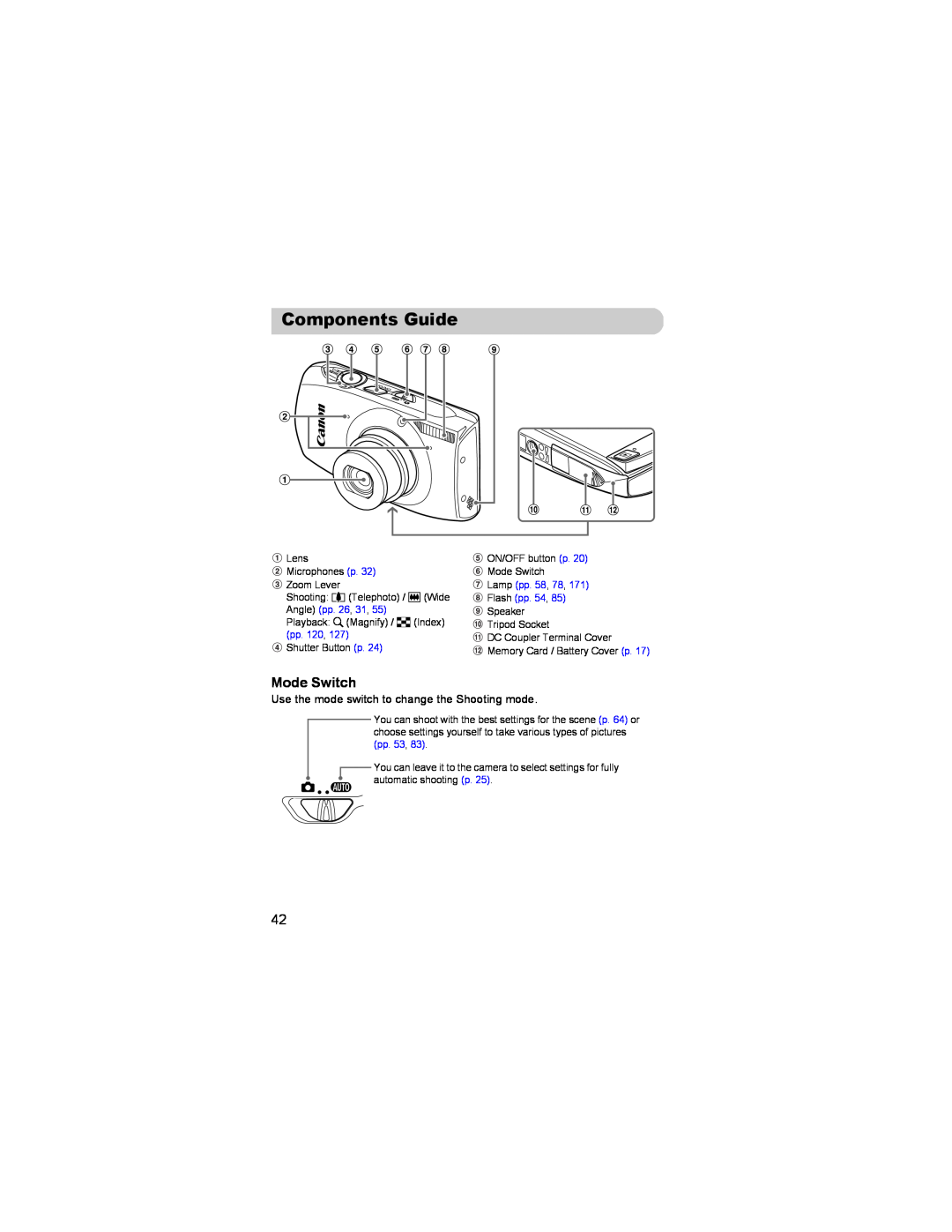 Canon 310 HS manual Components Guide, Mode Switch 