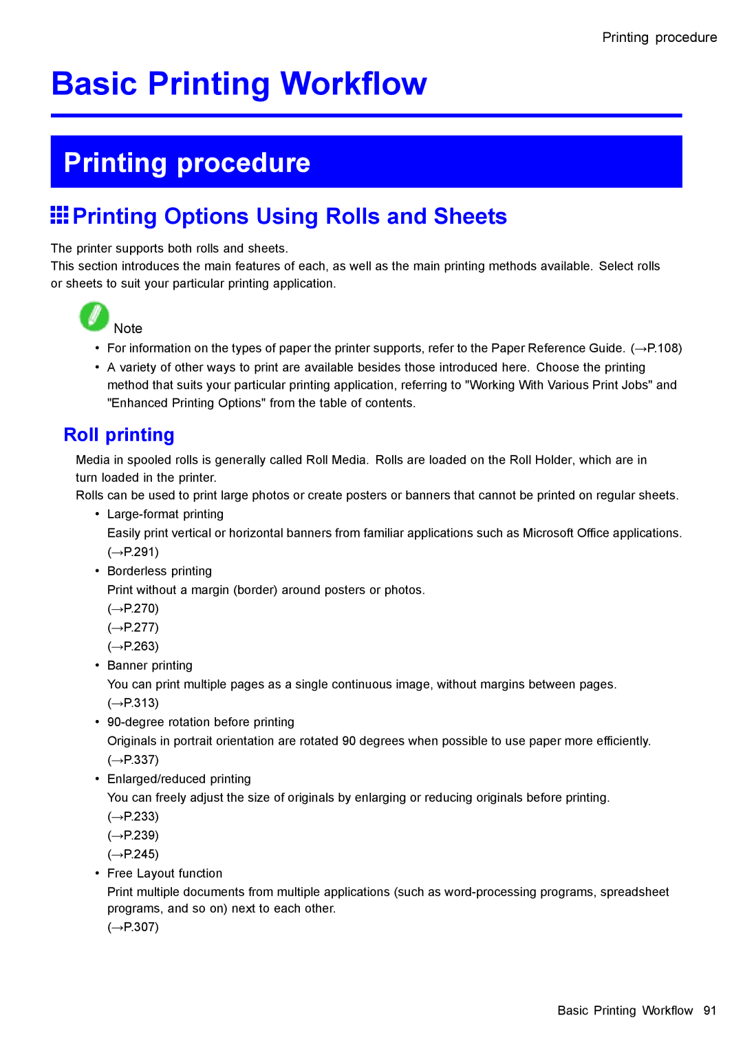 Canon 3175B002 user manual Printing procedure, Printing Options Using Rolls and Sheets, Roll printing 