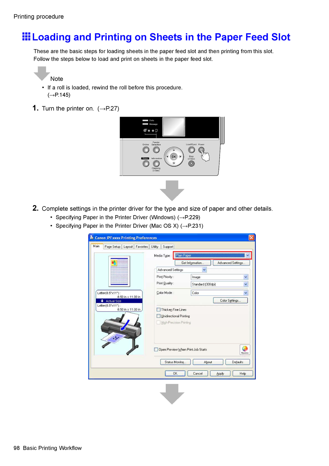 Canon 3175B002 user manual Loading and Printing on Sheets in the Paper Feed Slot, Printing procedure 