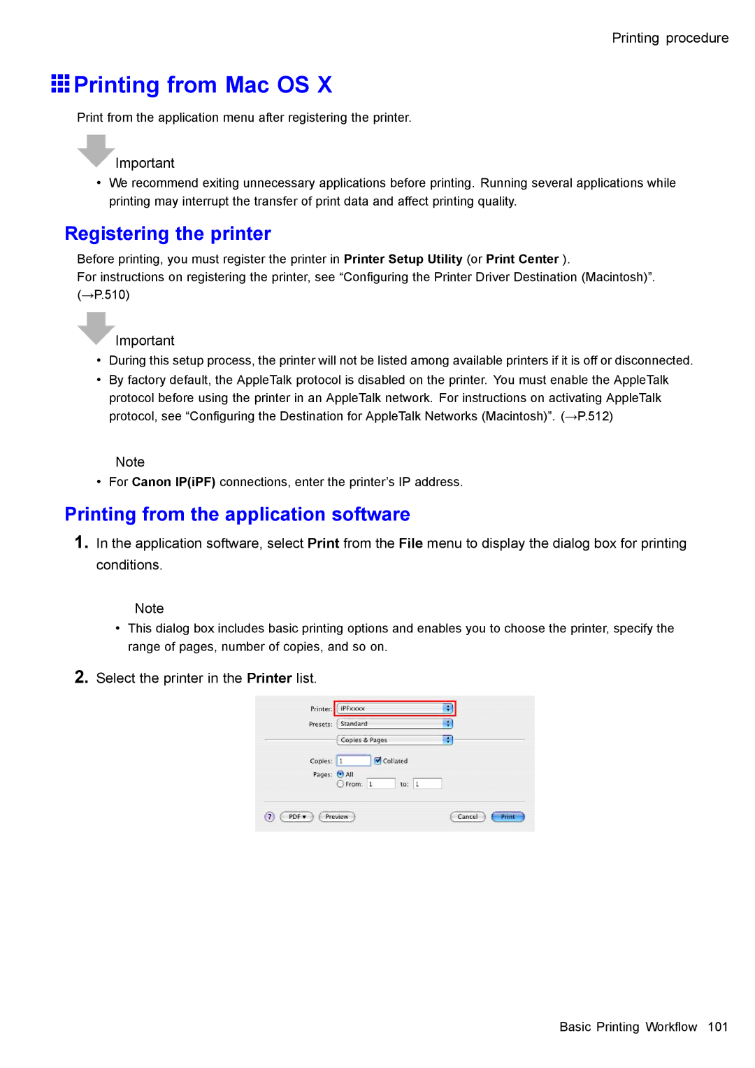 Canon 3175B002 user manual Printing from Mac OS, Registering the printer, Printing from the application software 