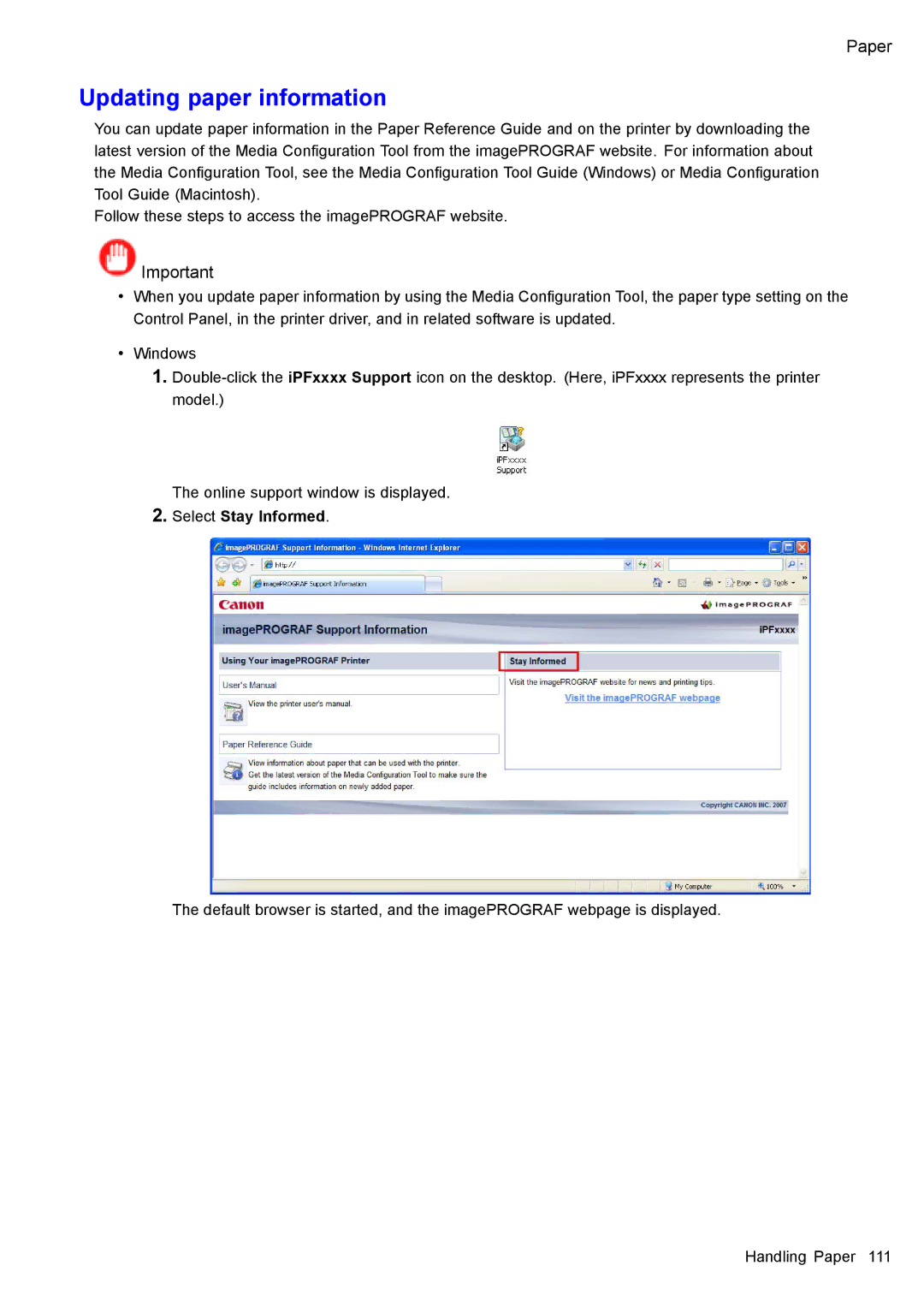 Canon 3175B002 user manual Updating paper information, Select Stay Informed 