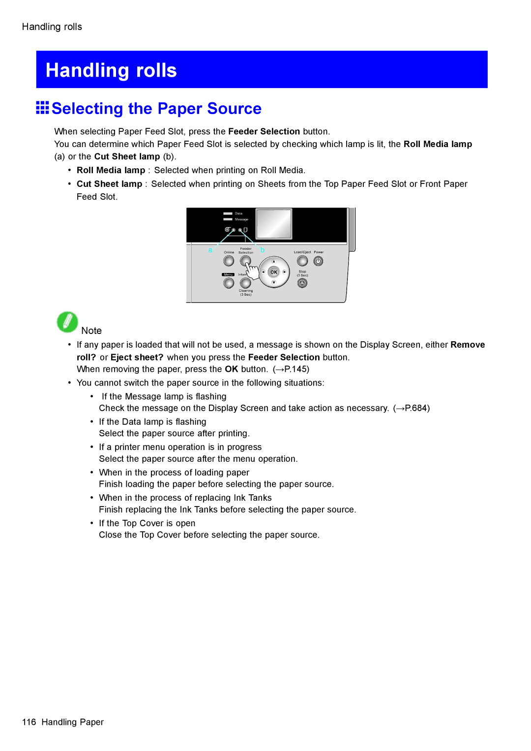 Canon 3175B002 user manual Handling rolls, Selecting the Paper Source, Or the Cut Sheet lamp b 