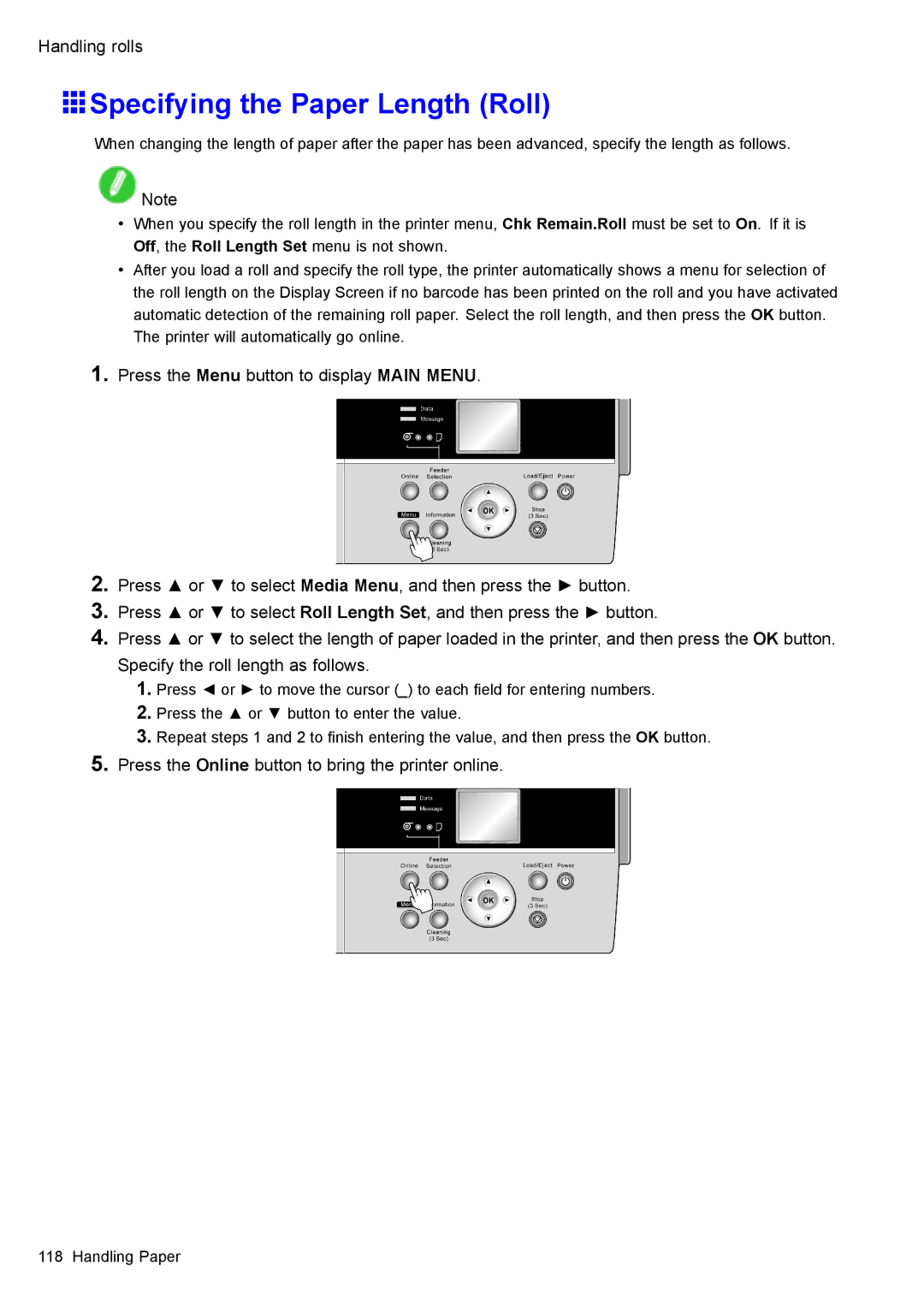 Canon 3175B002 user manual Specifying the Paper Length Roll 