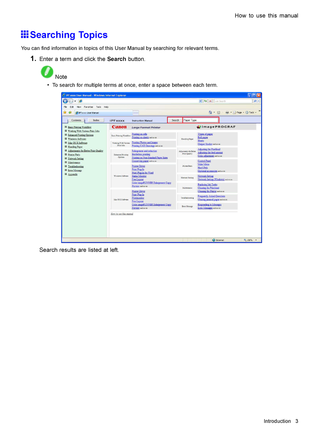 Canon 3175B002 user manual Searching Topics, Enter a term and click the Search button, Search results are listed at left 