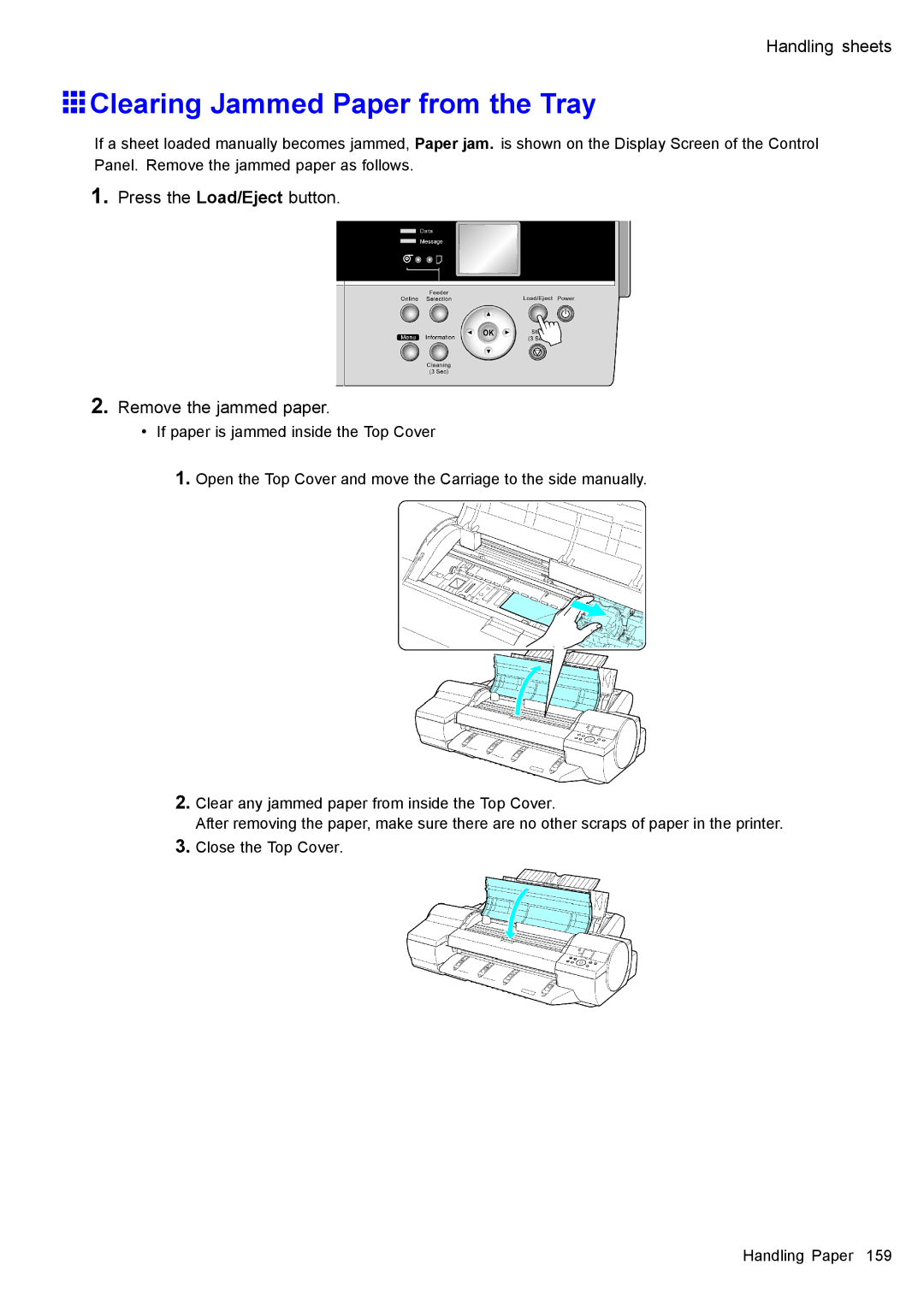 Canon 3175B002 user manual Clearing Jammed Paper from the Tray, Press the Load/Eject button Remove the jammed paper 