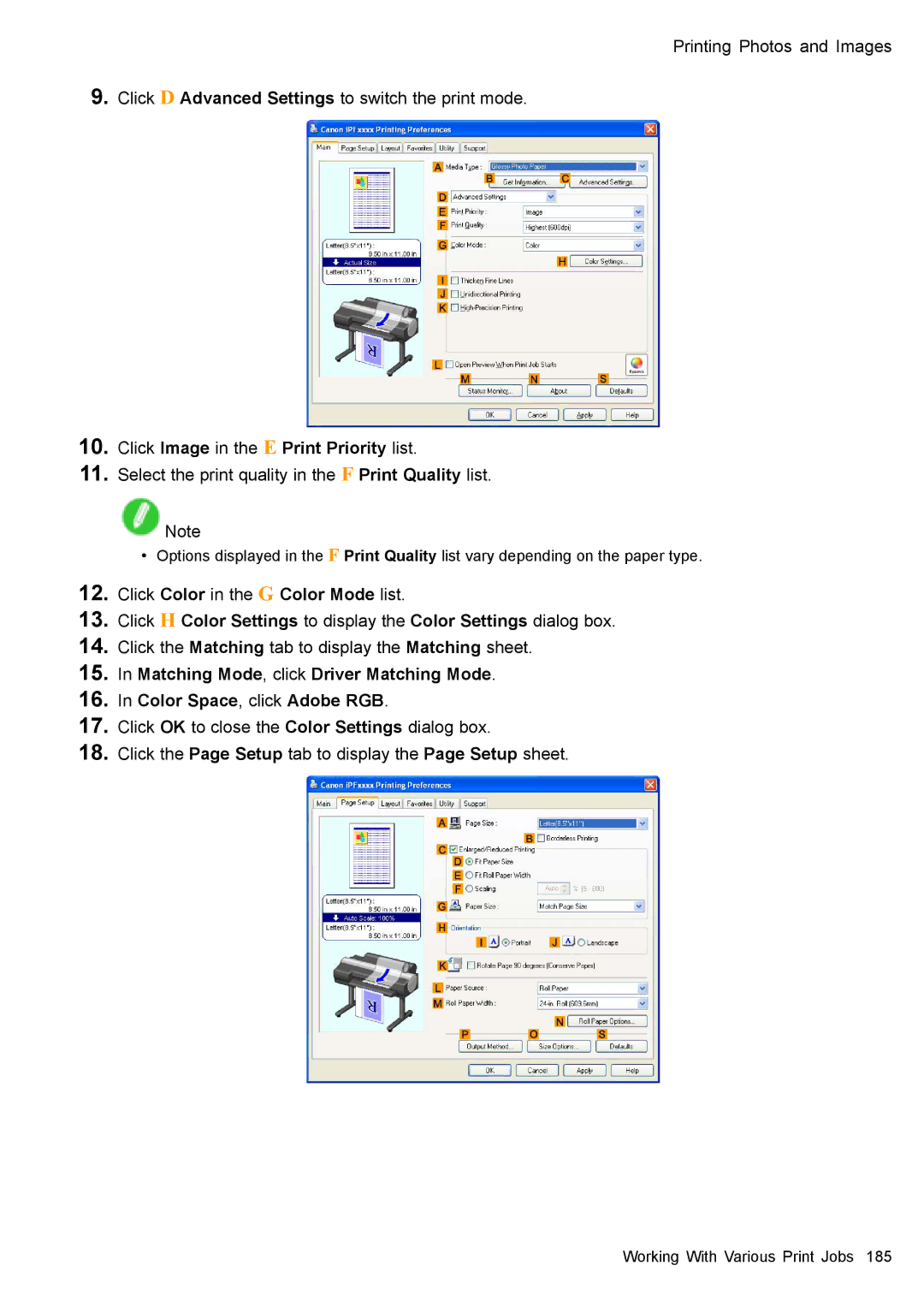 Canon 3175B002 user manual Click Image in the E Print Priority list, Select the print quality in the F Print Quality list 