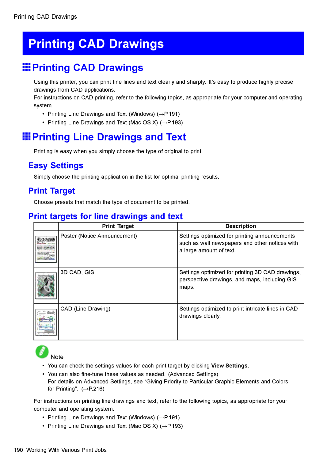 Canon 3175B002 user manual Printing CAD Drawings, Printing Line Drawings and Text, Print targets for line drawings and text 