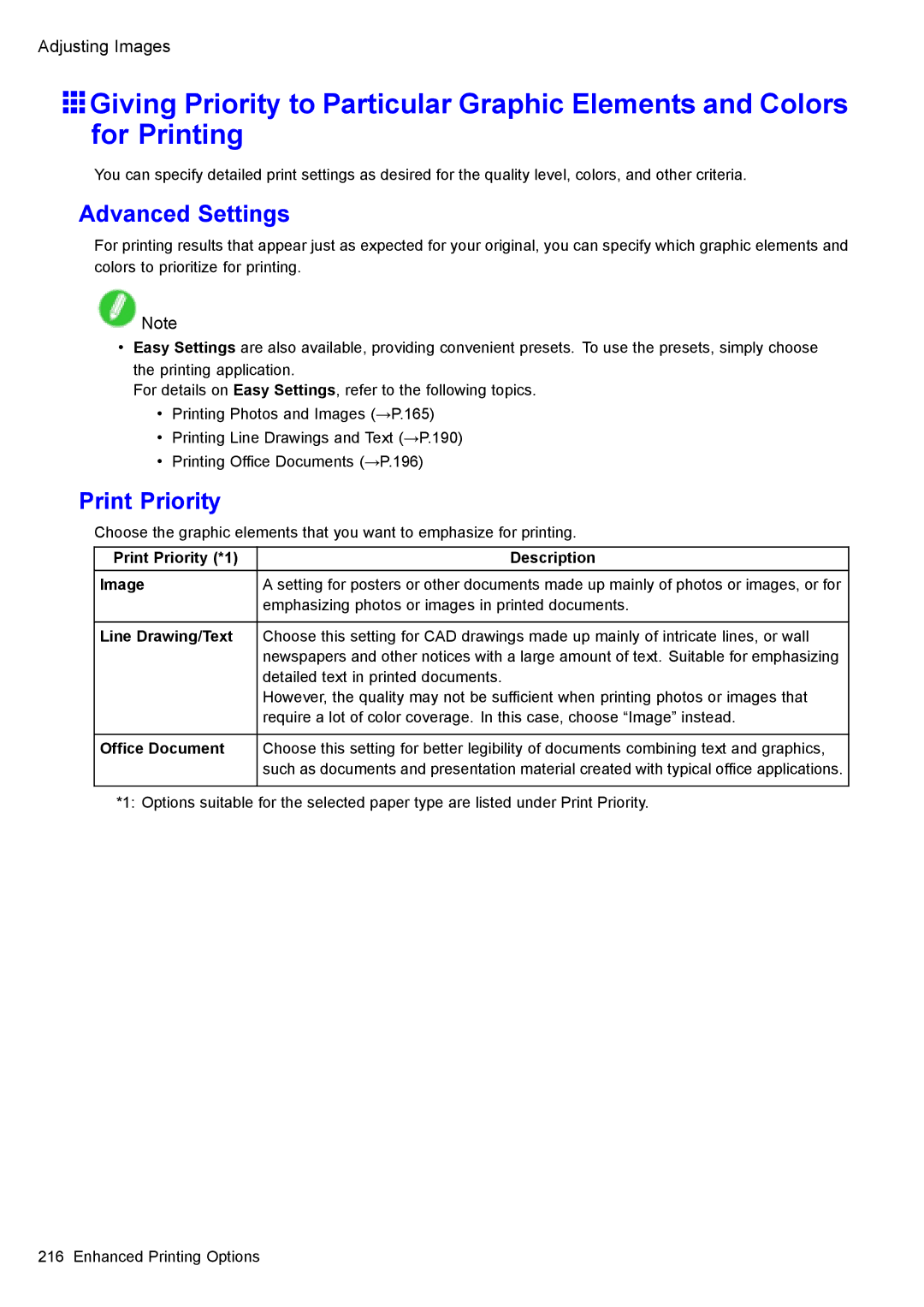 Canon 3175B002 user manual Advanced Settings, Print Priority *1 Description Image, Line Drawing/Text, Ofce Document 