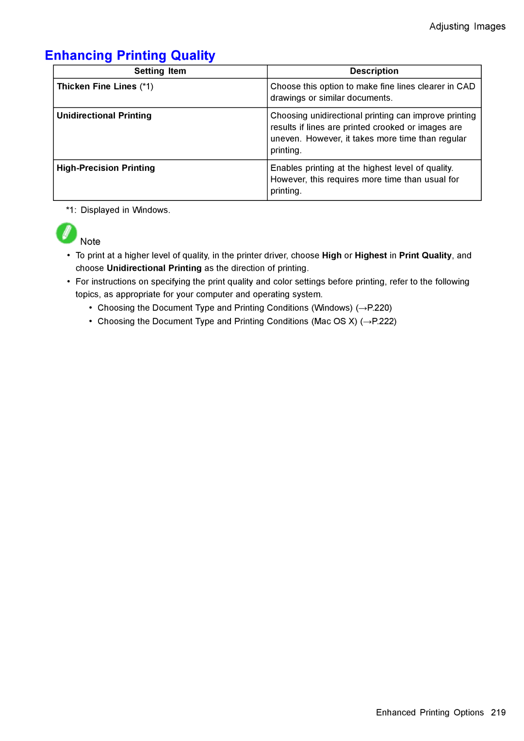 Canon 3175B002 Enhancing Printing Quality, Setting Item Description Thicken Fine Lines *1, Unidirectional Printing 