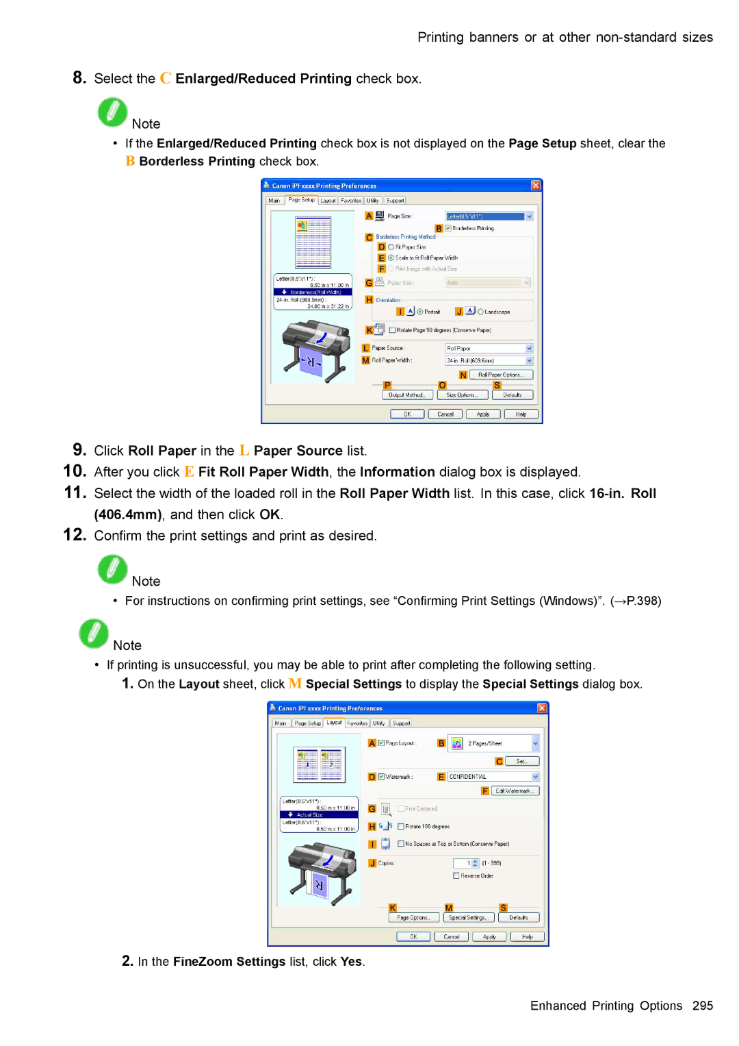 Canon 3175B002 user manual Select the C Enlarged/Reduced Printing check box, FineZoom Settings list, click Yes 