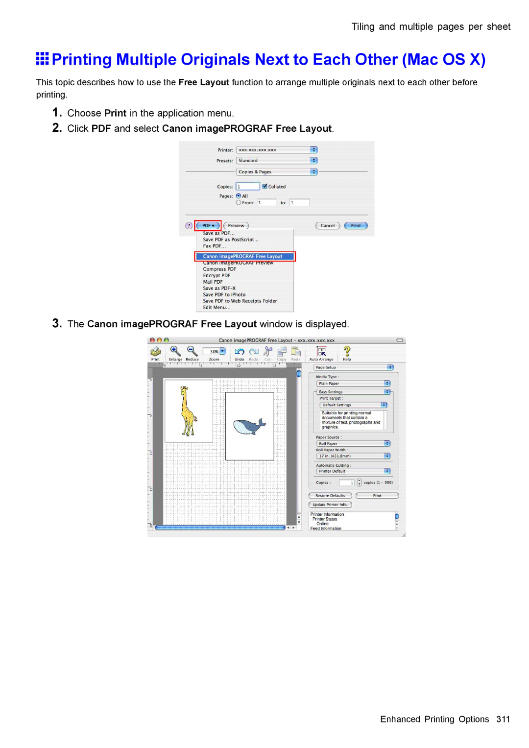 Canon 3175B002 Printing Multiple Originals Next to Each Other Mac OS, Canon imagePROGRAF Free Layout window is displayed 