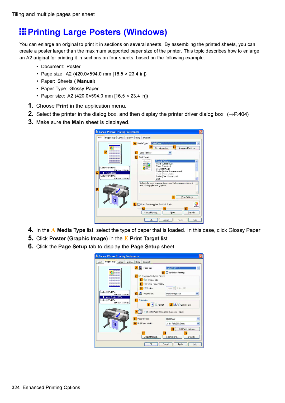 Canon 3175B002 user manual Printing Large Posters Windows, Click Poster Graphic Image in the E Print Target list 