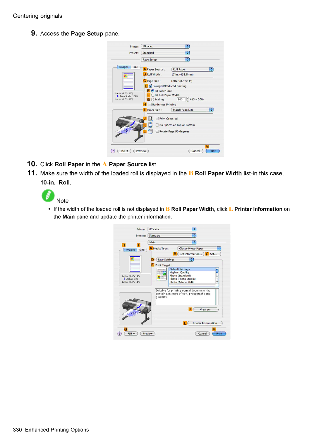 Canon 3175B002 user manual Centering originals Access the Page Setup pane, Click Roll Paper in the a Paper Source list 