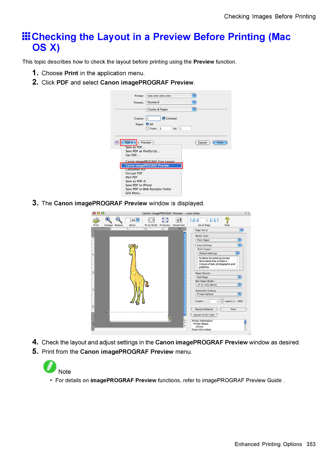 Canon 3175B002 Checking the Layout in a Preview Before Printing Mac OS, Canon imagePROGRAF Preview window is displayed 