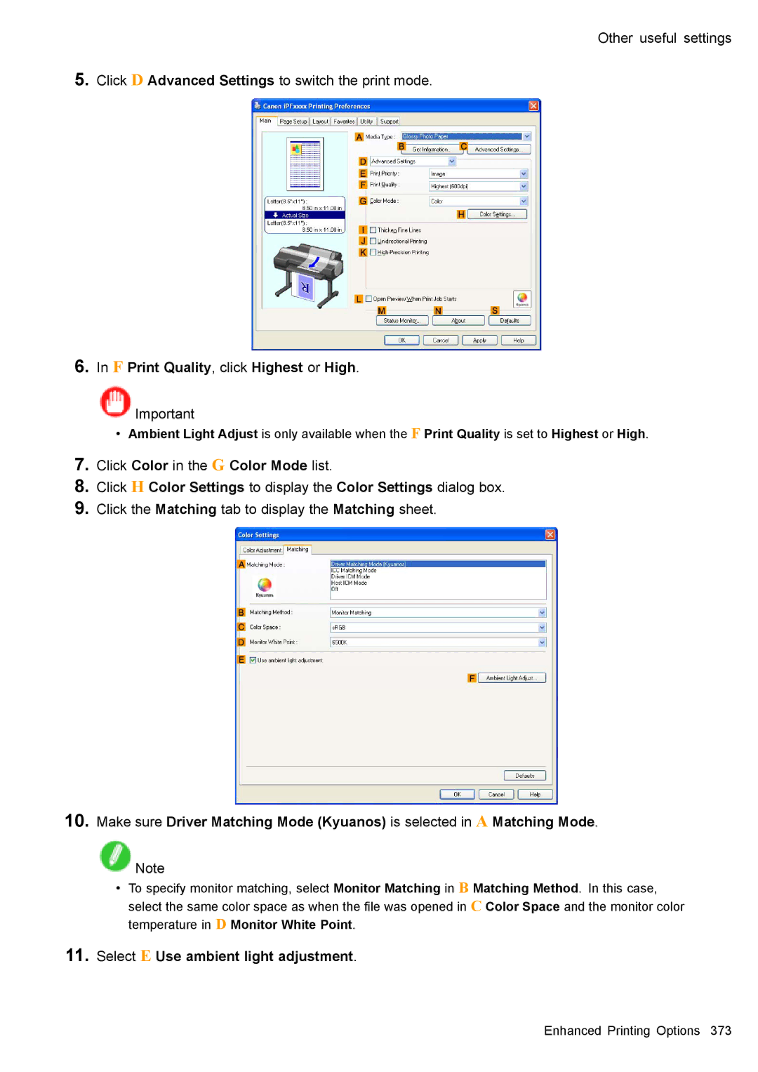 Canon 3175B002 user manual F Print Quality, click Highest or High, Select E Use ambient light adjustment 