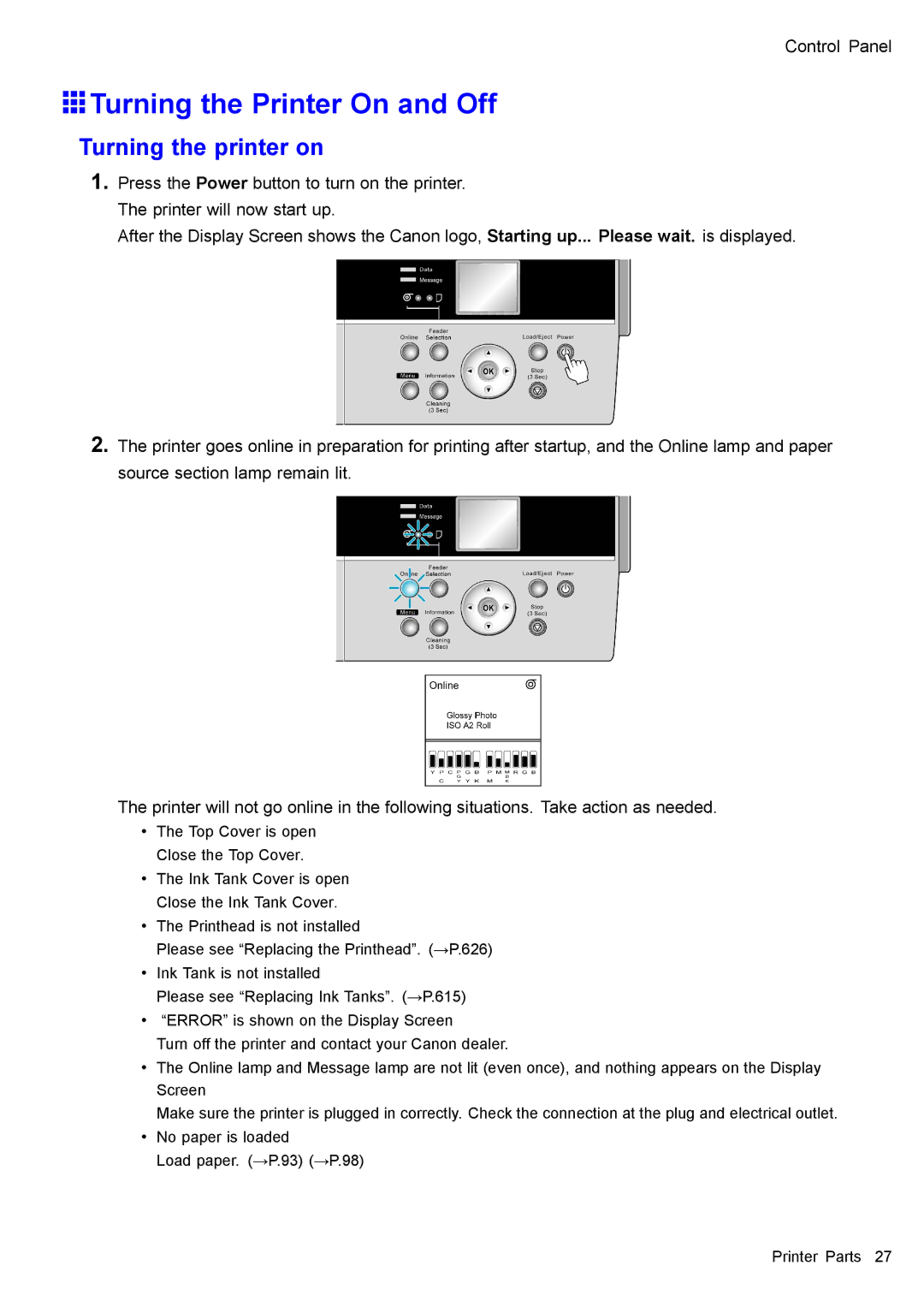 Canon 3175B002 user manual Turning the Printer On and Off, Turning the printer on 