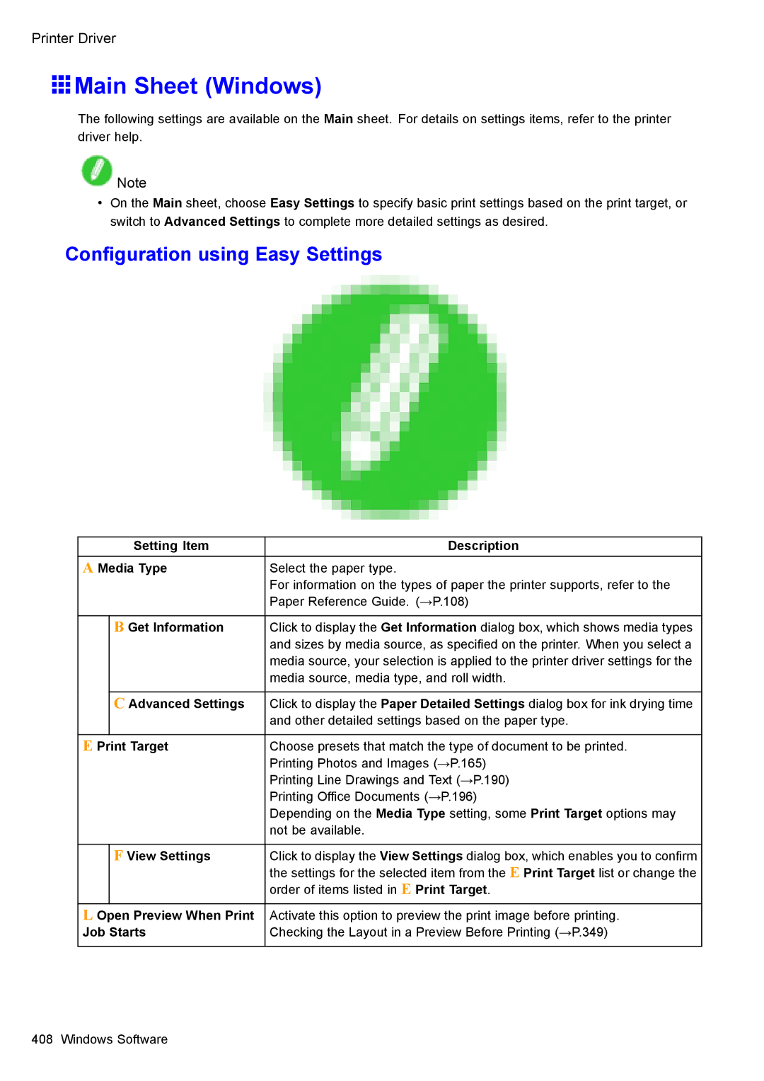 Canon 3175B002 user manual Main Sheet Windows, Conguration using Easy Settings 