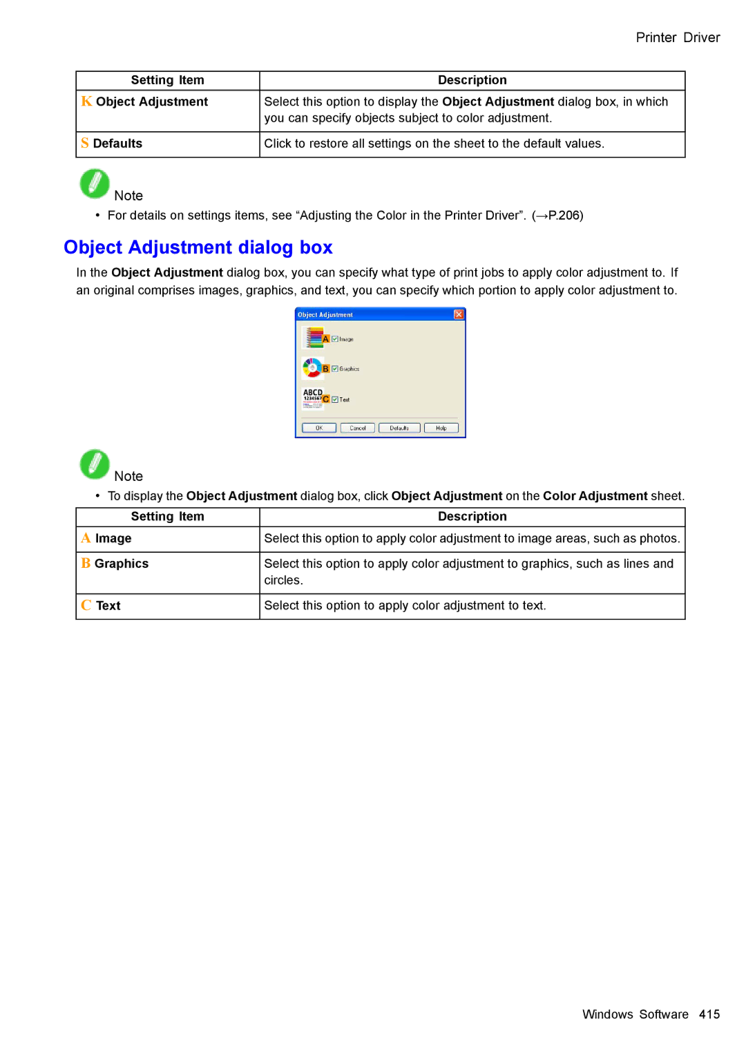 Canon 3175B002 user manual Object Adjustment dialog box, Printer Driver 