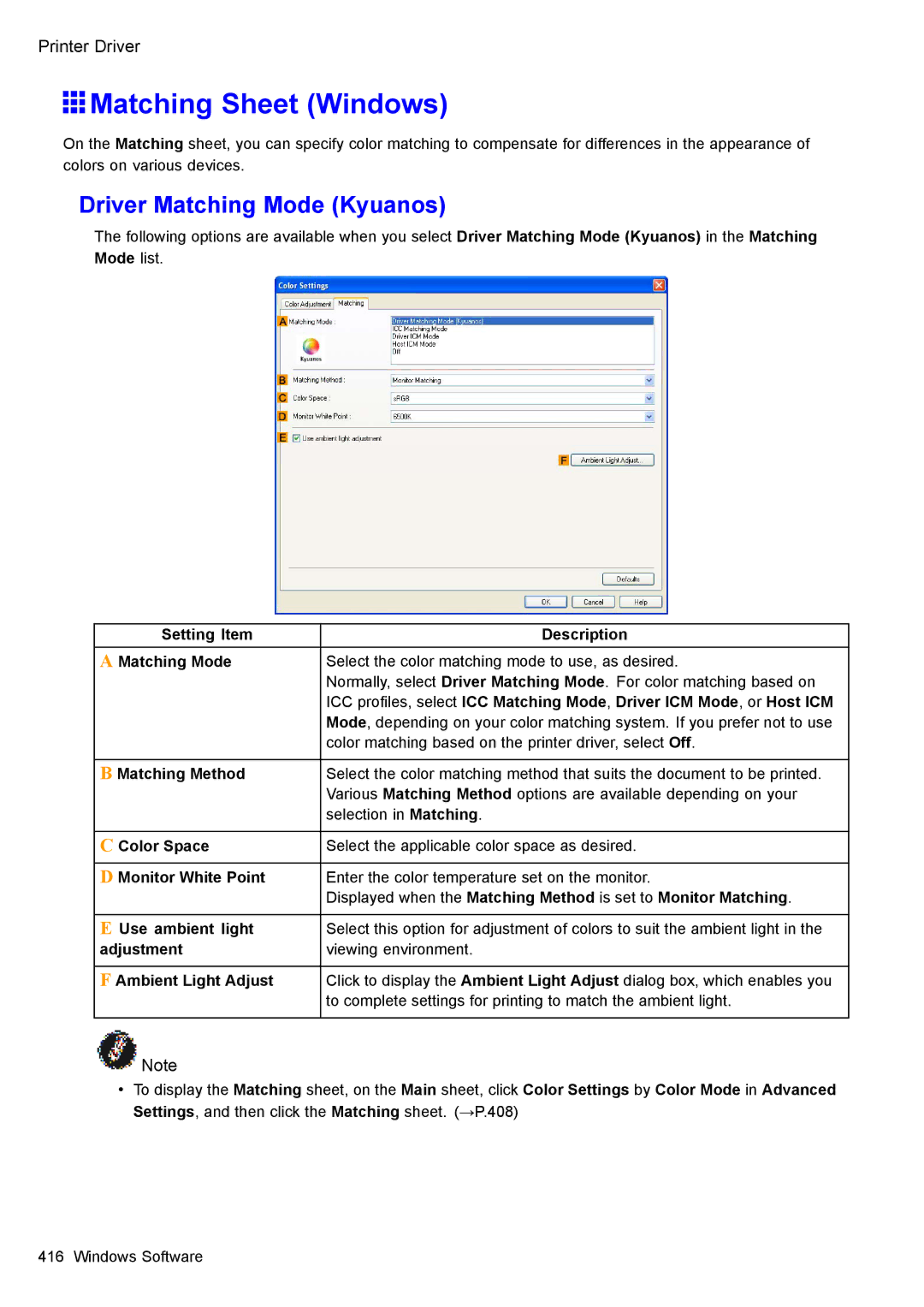 Canon 3175B002 user manual Matching Sheet Windows, Driver Matching Mode Kyuanos 