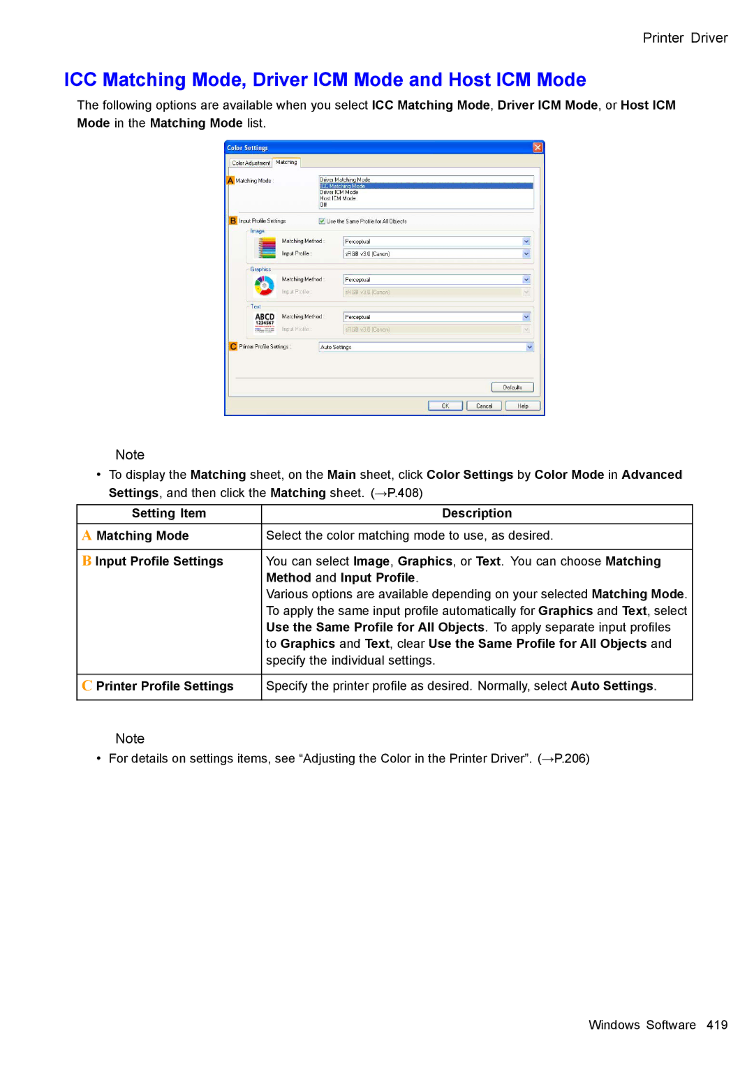 Canon 3175B002 user manual ICC Matching Mode, Driver ICM Mode and Host ICM Mode, Setting Item Description Matching Mode 