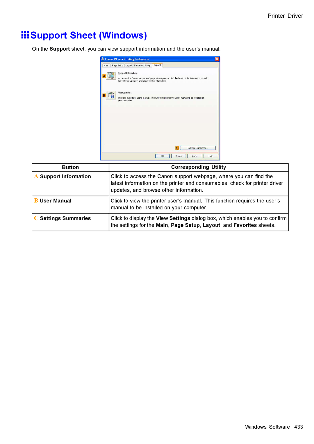 Canon 3175B002 user manual Support Sheet Windows, Button Corresponding Utility Support Information, Settings Summaries 