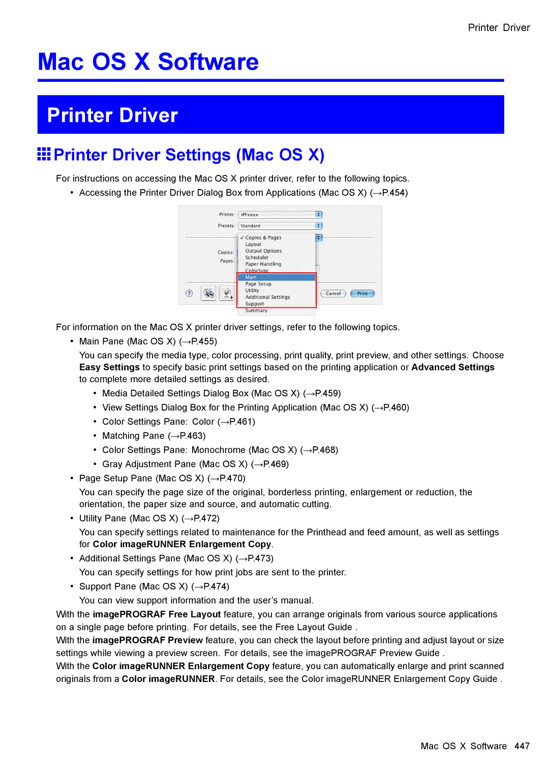 Canon 3175B002 user manual Mac OS X Software, Printer Driver Settings Mac OS 