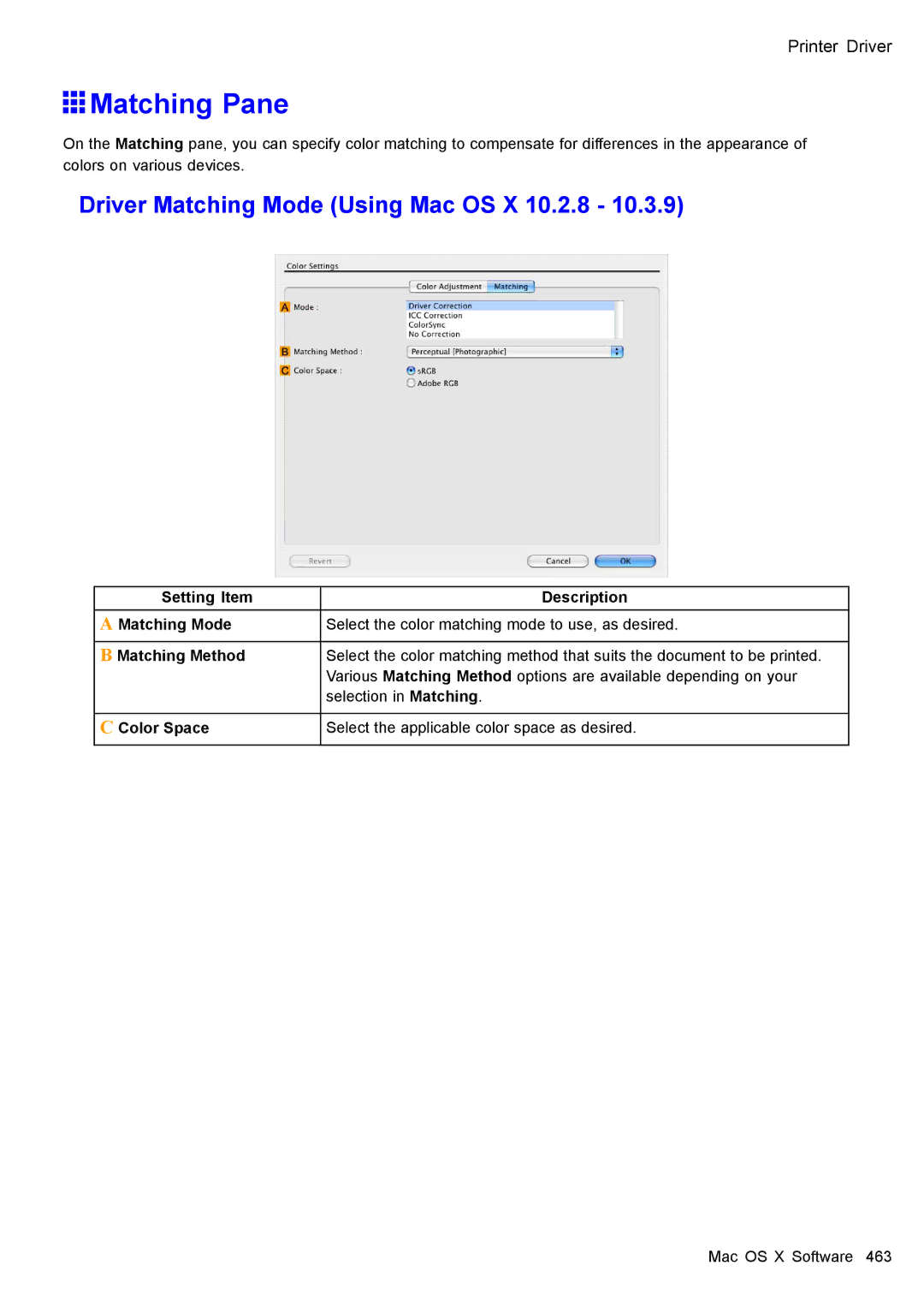 Canon 3175B002 user manual Matching Pane, Driver Matching Mode Using Mac OS X 10.2.8 