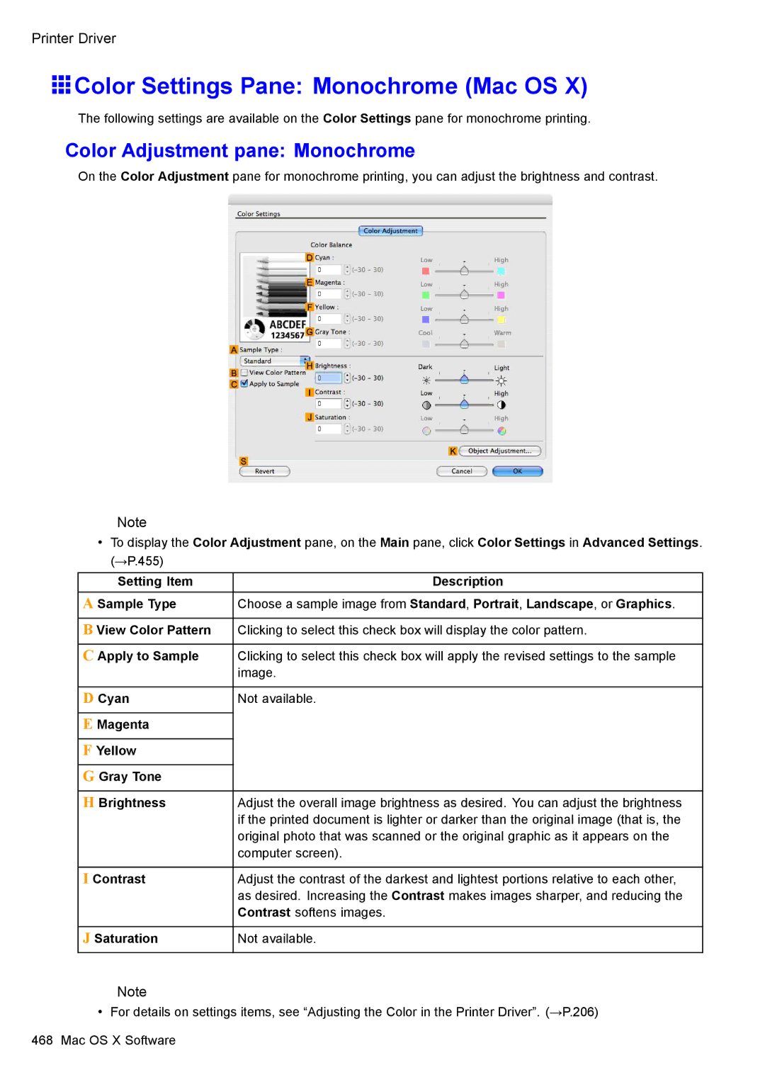 Canon 3175B002 user manual Color Settings Pane Monochrome Mac OS, Color Adjustment pane Monochrome 