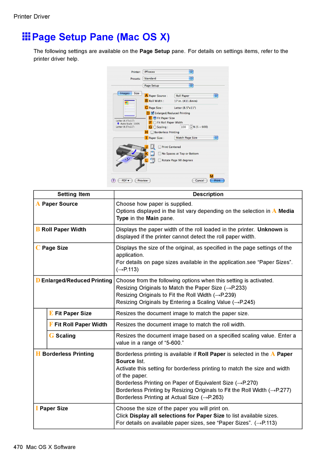 Canon 3175B002 user manual Setup Pane Mac OS, Setting Item Description Paper Source, DEnlarged/ReducedPrinting, Source list 