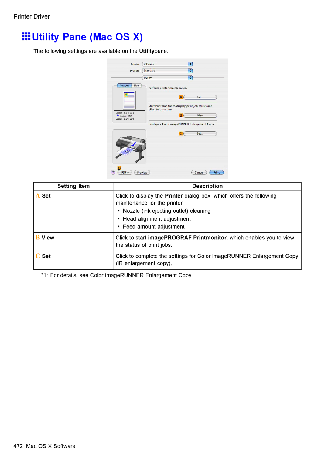 Canon 3175B002 user manual Utility Pane Mac OS, Setting Item Description, View 