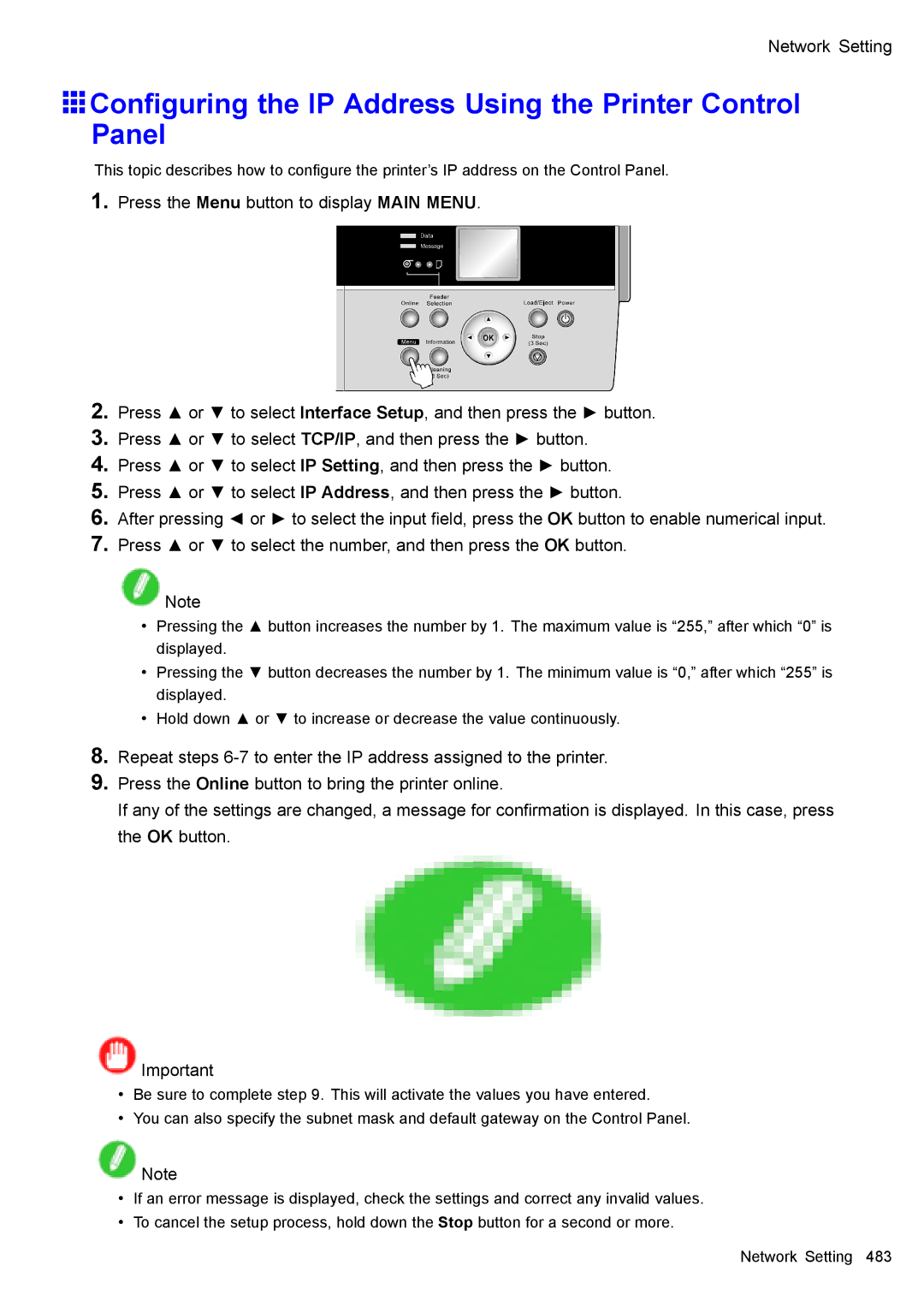 Canon 3175B002 user manual Conguring the IP Address Using the Printer Control Panel 