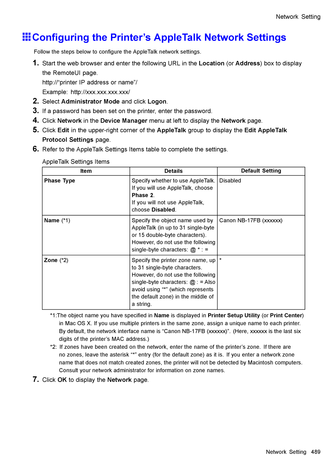 Canon 3175B002 Conguring the Printer’s AppleTalk Network Settings, Details Default Setting Phase Type, Name *1, Zone *2 