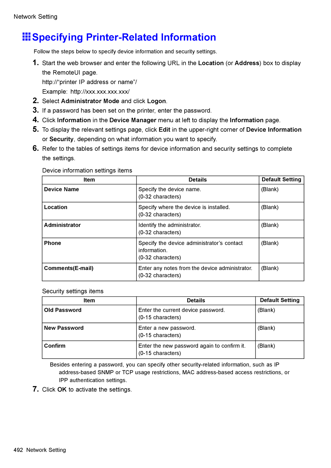 Canon 3175B002 Specifying Printer-Related Information, Security settings items, Click OK to activate the settings 