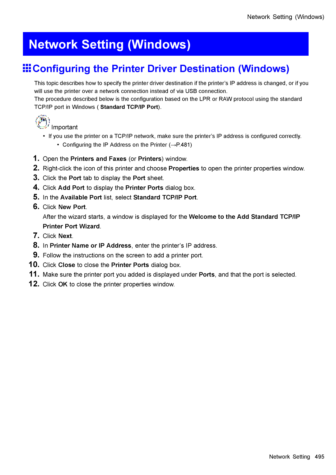 Canon 3175B002 user manual Network Setting Windows, Conguring the Printer Driver Destination Windows 