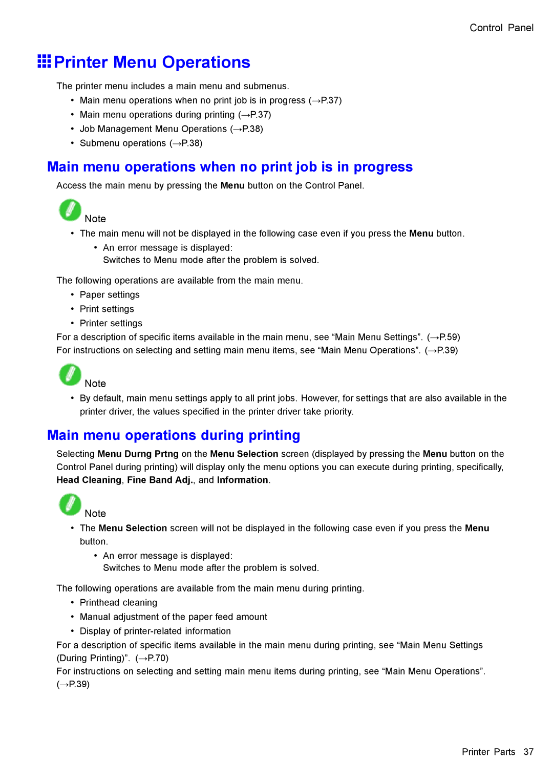 Canon 3175B002 user manual Printer Menu Operations, Main menu operations when no print job is in progress 