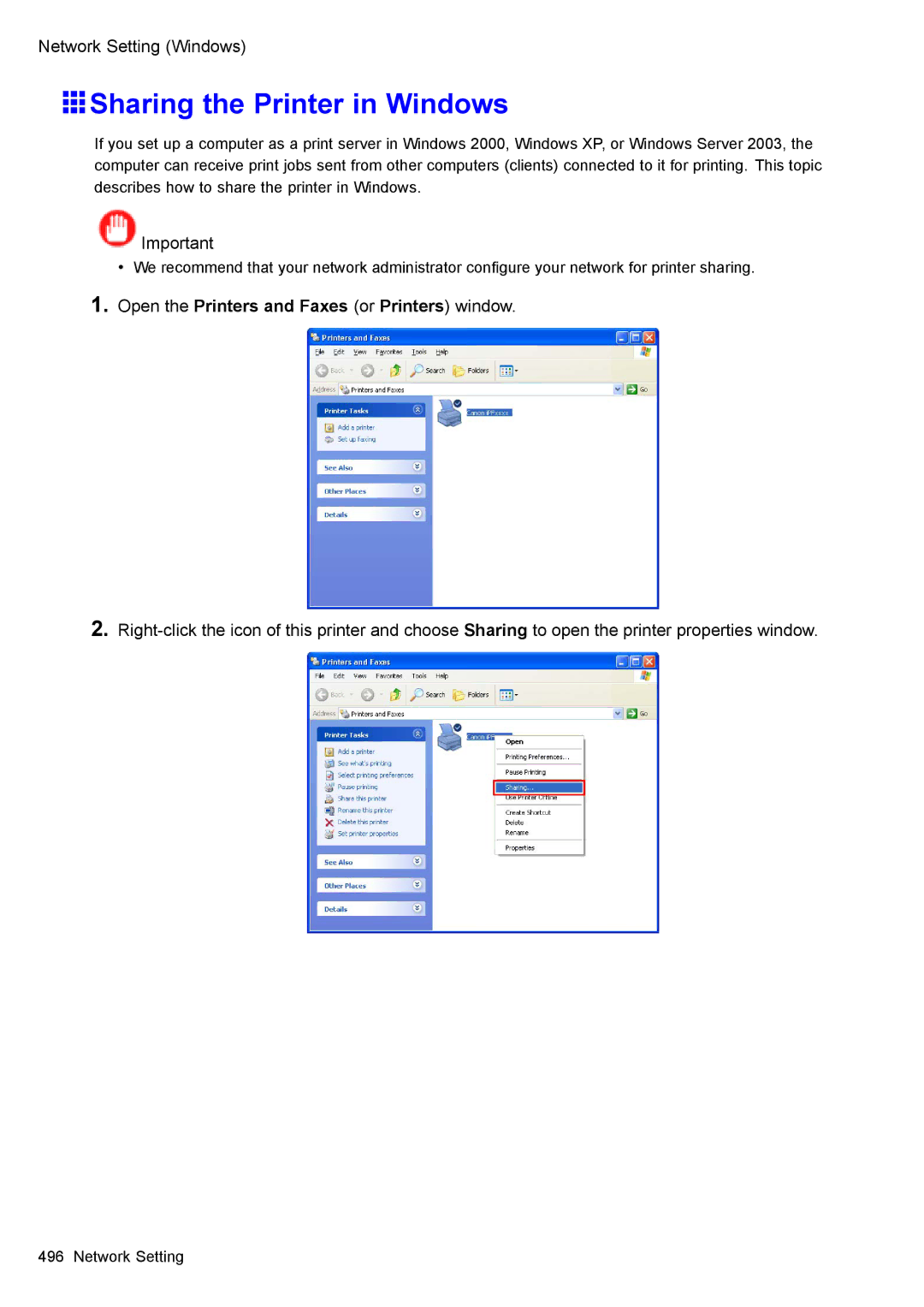 Canon 3175B002 user manual Sharing the Printer in Windows 