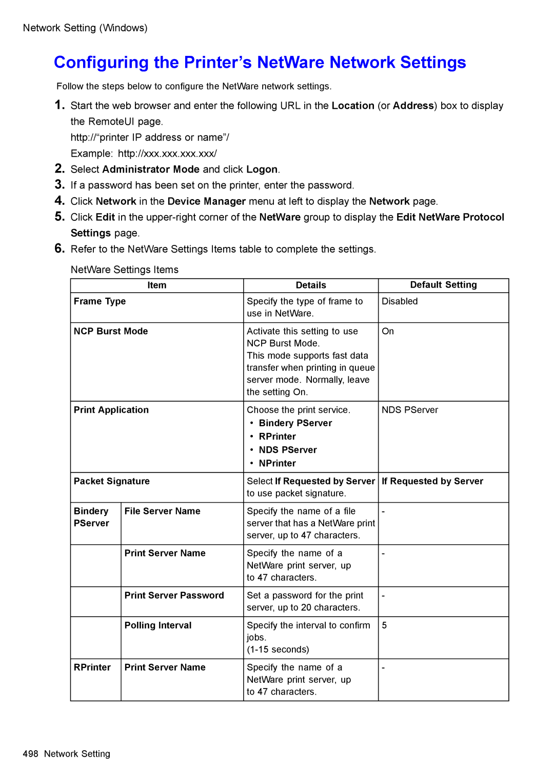 Canon 3175B002 user manual Conguring the Printer’s NetWare Network Settings 