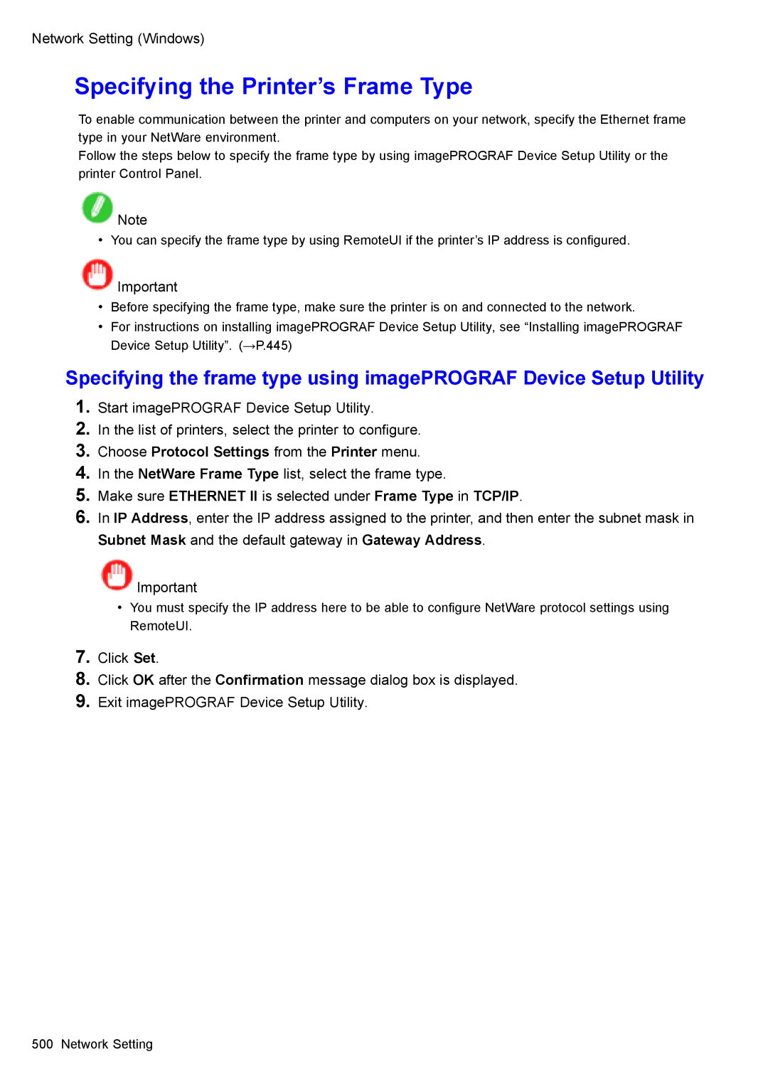 Canon 3175B002 user manual Specifying the Printer’s Frame Type, Choose Protocol Settings from the Printer menu 