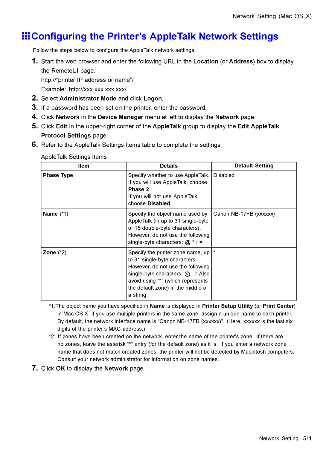 Canon 3175B002 user manual Conguring the Printer’s AppleTalk Network Settings 