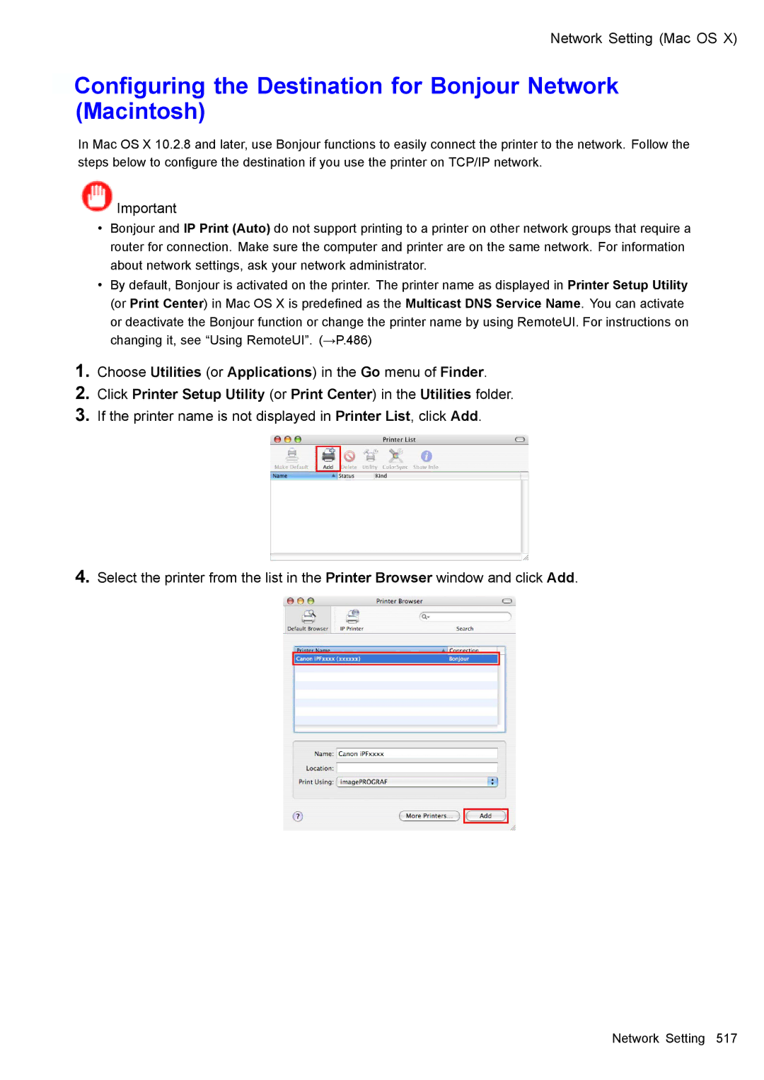 Canon 3175B002 user manual Conguring the Destination for Bonjour Network Macintosh 