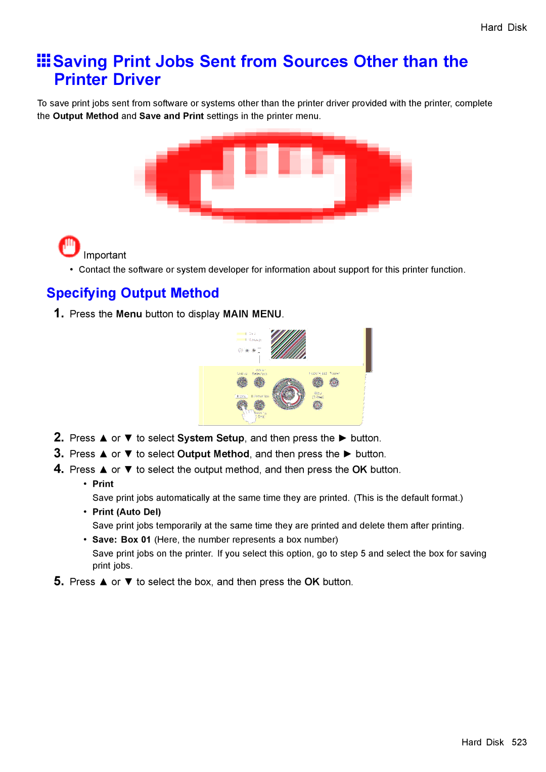 Canon 3175B002 Specifying Output Method, Press or to select the box, and then press the OK button, Print Auto Del 