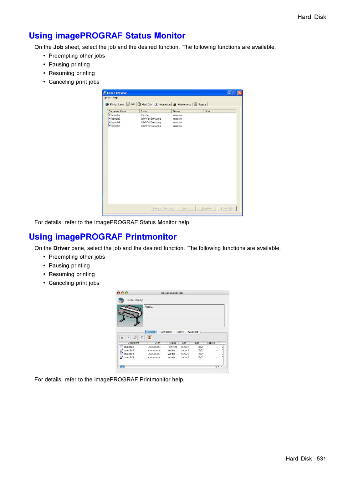 Canon 3175B002 user manual Using imagePROGRAF Status Monitor, Using imagePROGRAF Printmonitor 