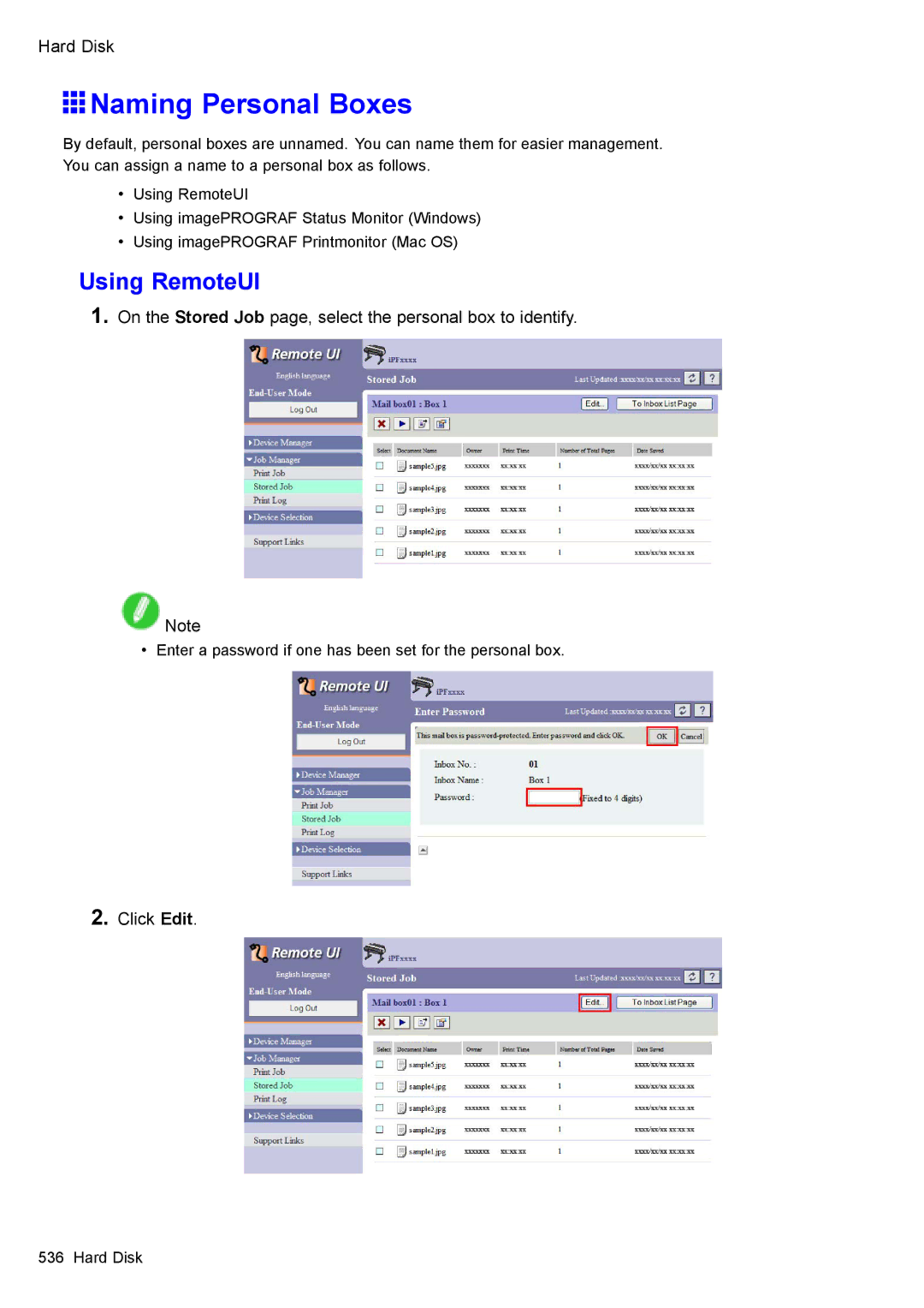 Canon 3175B002 user manual Naming Personal Boxes, On the Stored Job page, select the personal box to identify 