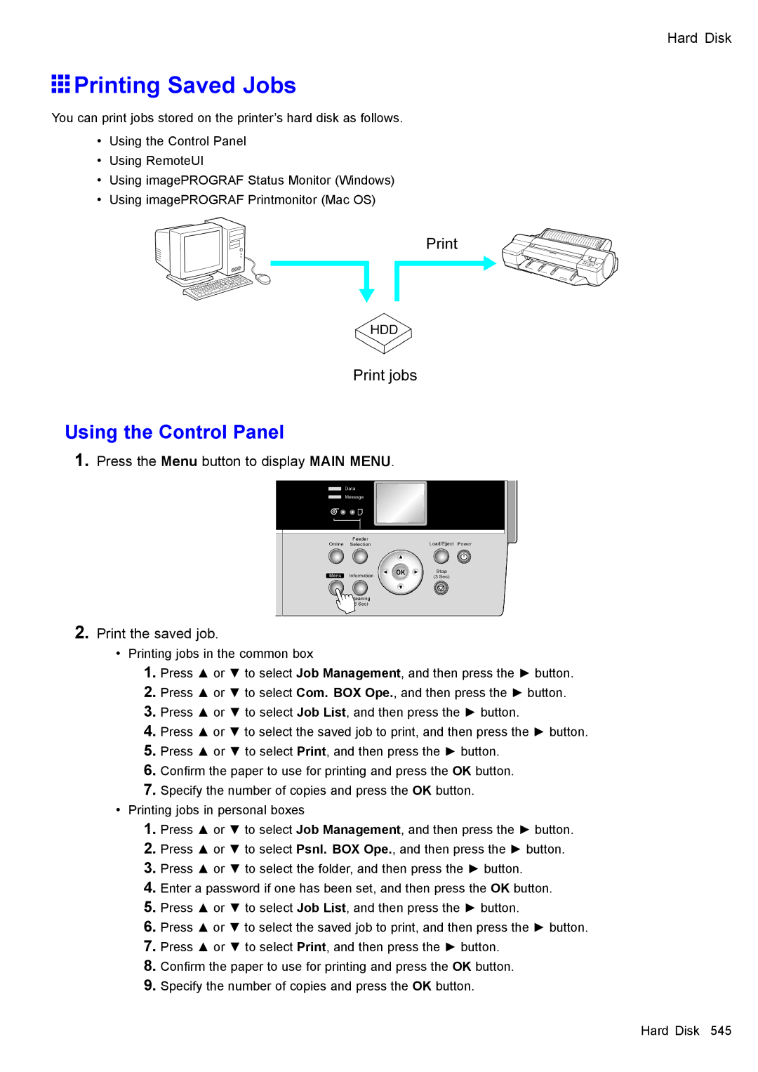 Canon 3175B002 user manual Printing Saved Jobs, Using the Control Panel 