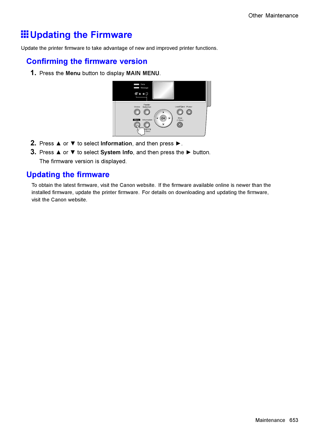 Canon 3175B002 user manual Updating the Firmware, Conrming the rmware version, Updating the rmware 