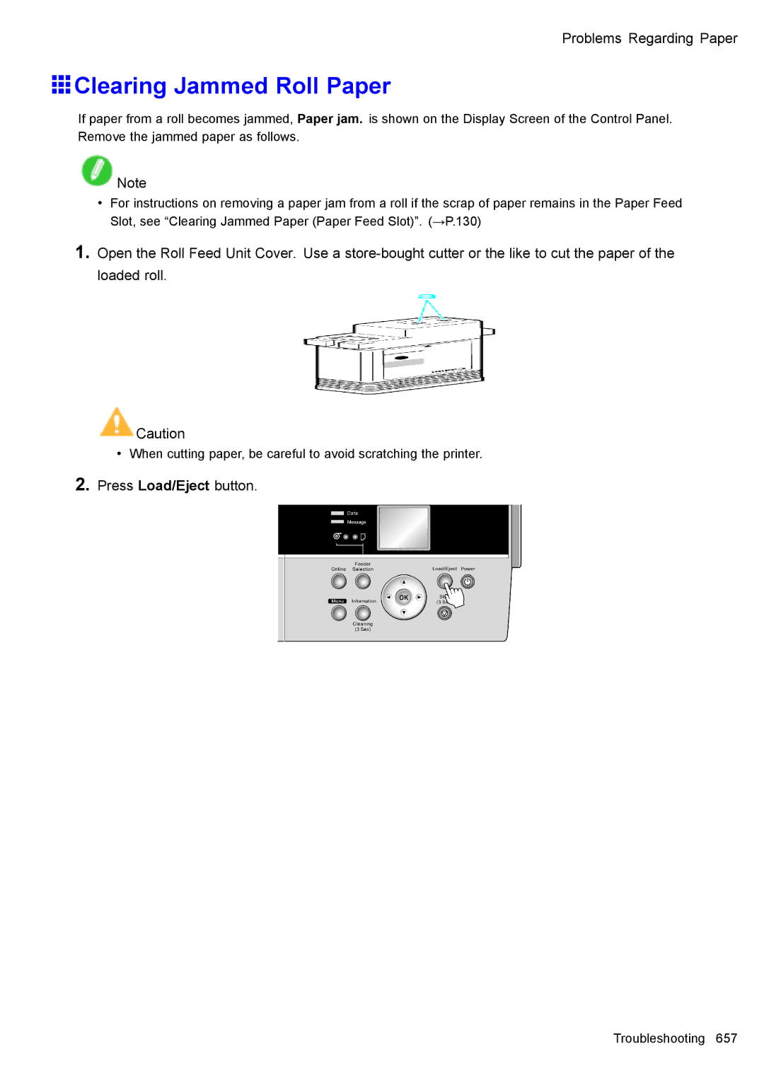 Canon 3175B002 user manual Clearing Jammed Roll Paper, Press Load/Eject button 