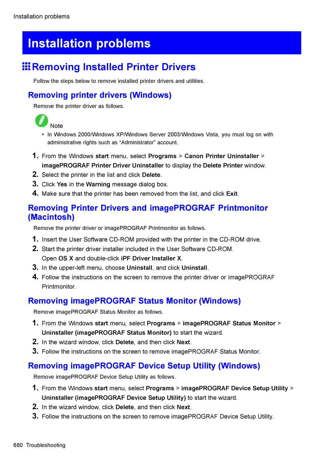 Canon 3175B002 user manual Installation problems, Removing Installed Printer Drivers, Removing printer drivers Windows 