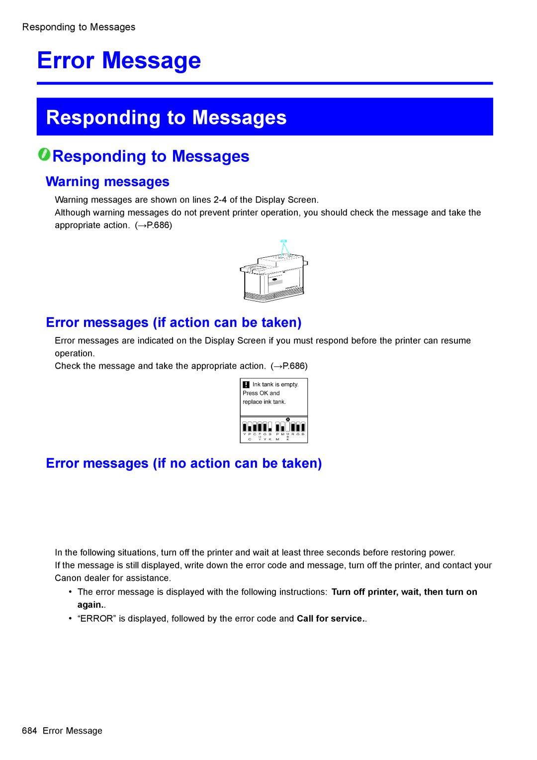 Canon 3175B002 Responding to Messages, Error messages if action can be taken, Error messages if no action can be taken 