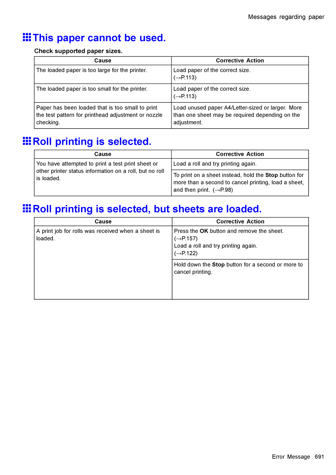 Canon 3175B002 user manual This paper cannot be used, Roll printing is selected, but sheets are loaded 